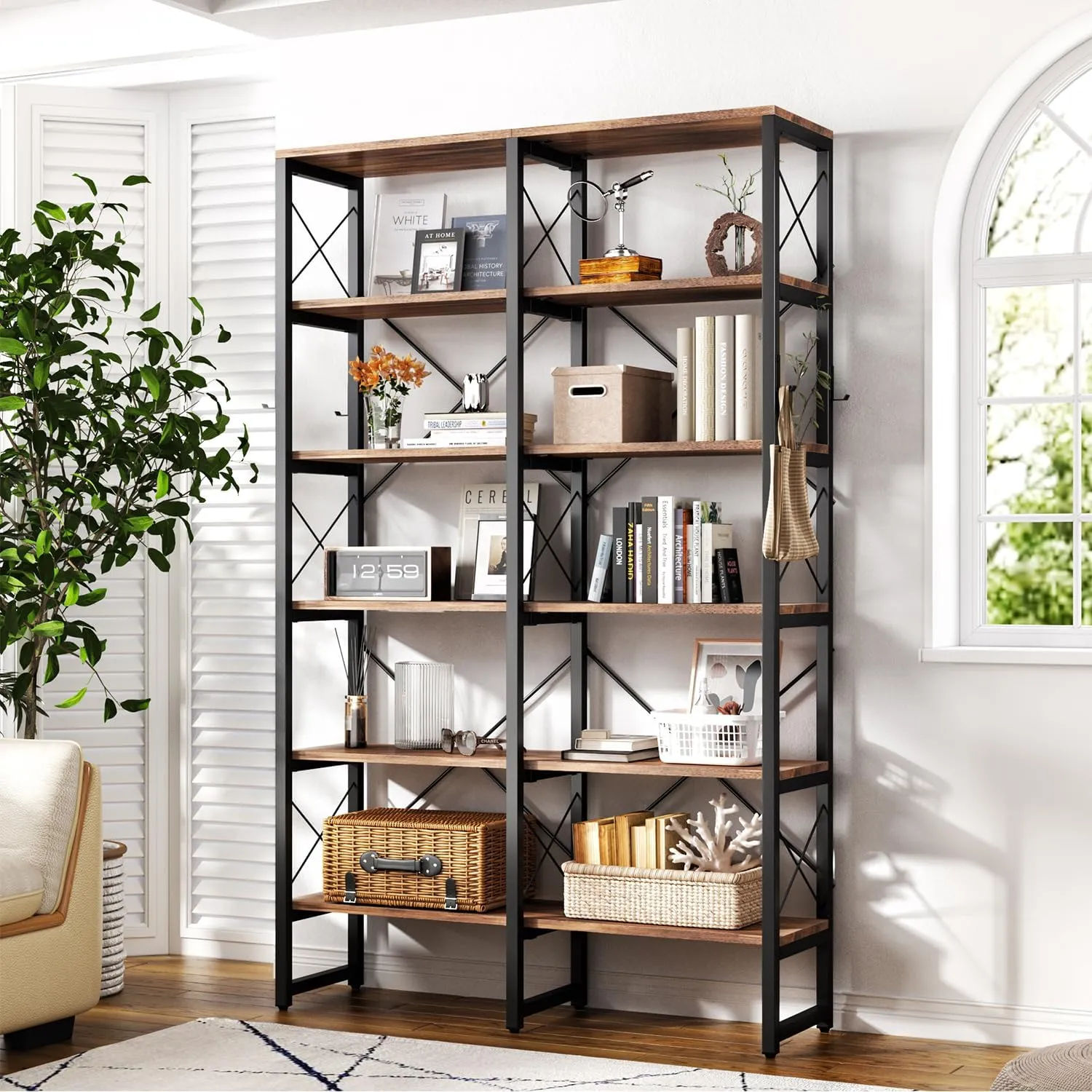 Double Wide 5/6-Tier Industrial Vintage Wood Style Bookshelf
