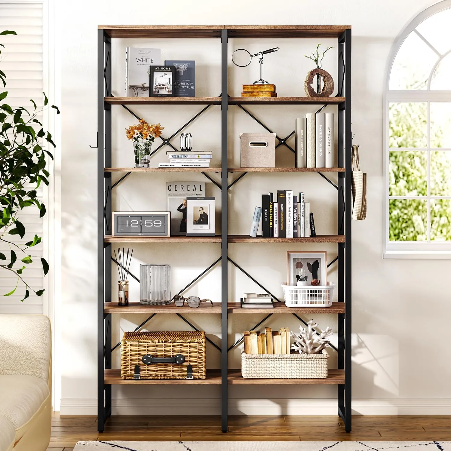 Double Wide 5/6-Tier Industrial Vintage Wood Style Bookshelf