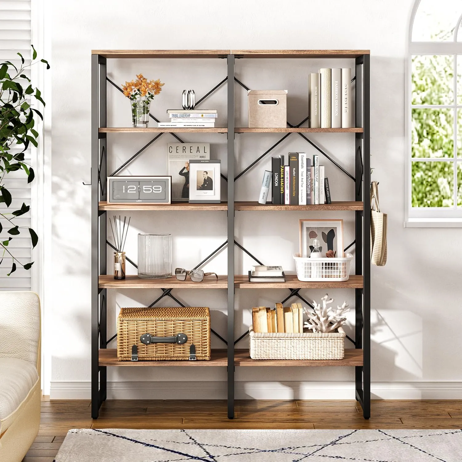 Double Wide 5/6-Tier Industrial Vintage Wood Style Bookshelf