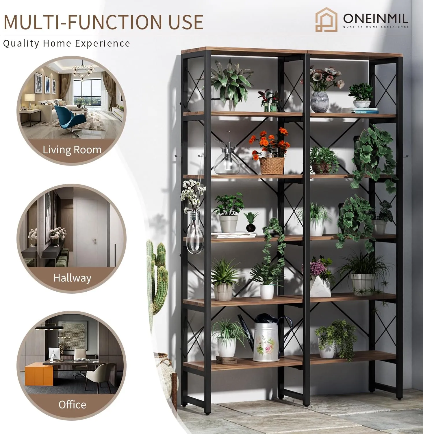 Double Wide 5/6-Tier Industrial Vintage Wood Style Bookshelf