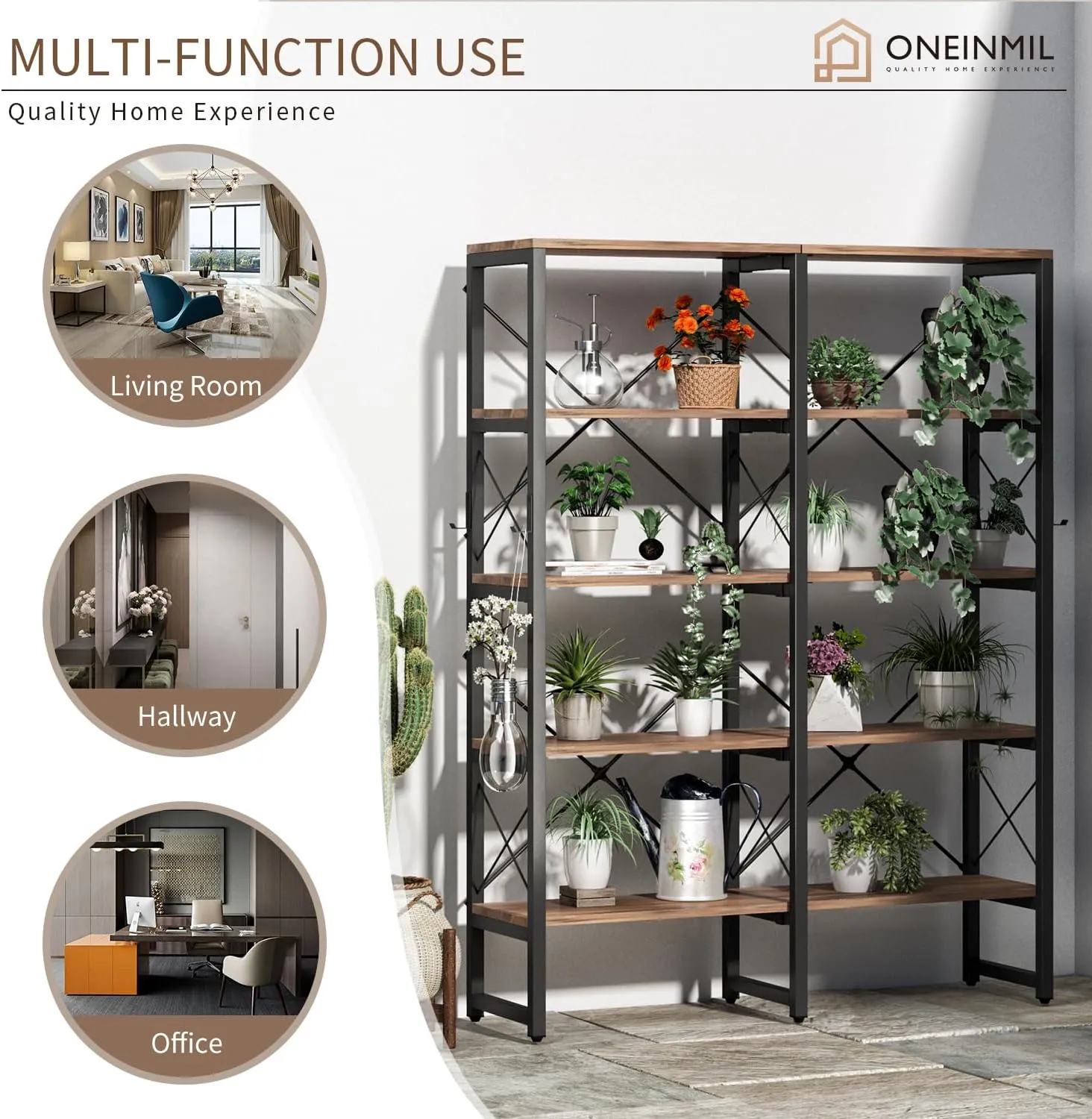 Double Wide 5/6-Tier Industrial Vintage Wood Style Bookshelf