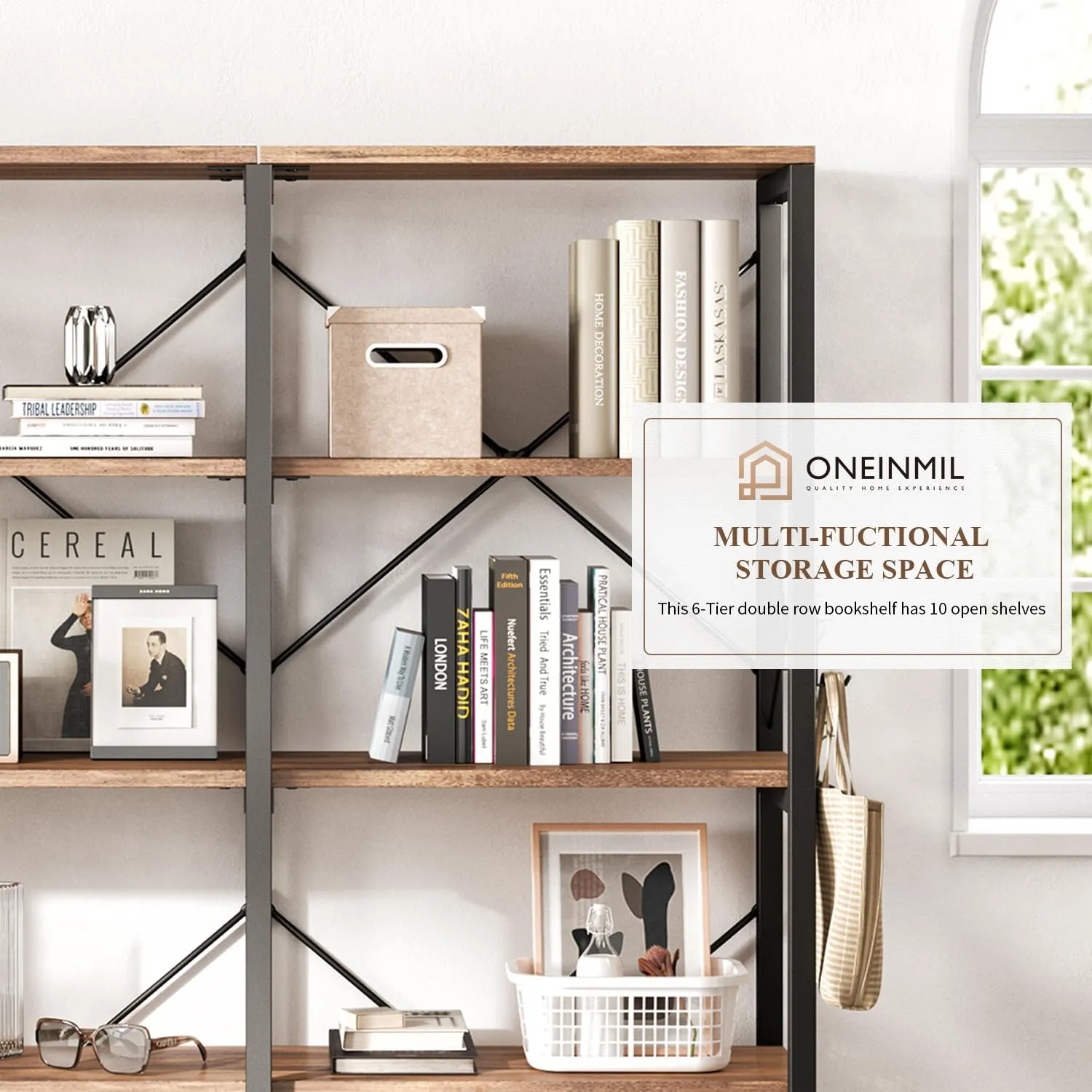 Double Wide 5/6-Tier Industrial Vintage Wood Style Bookshelf