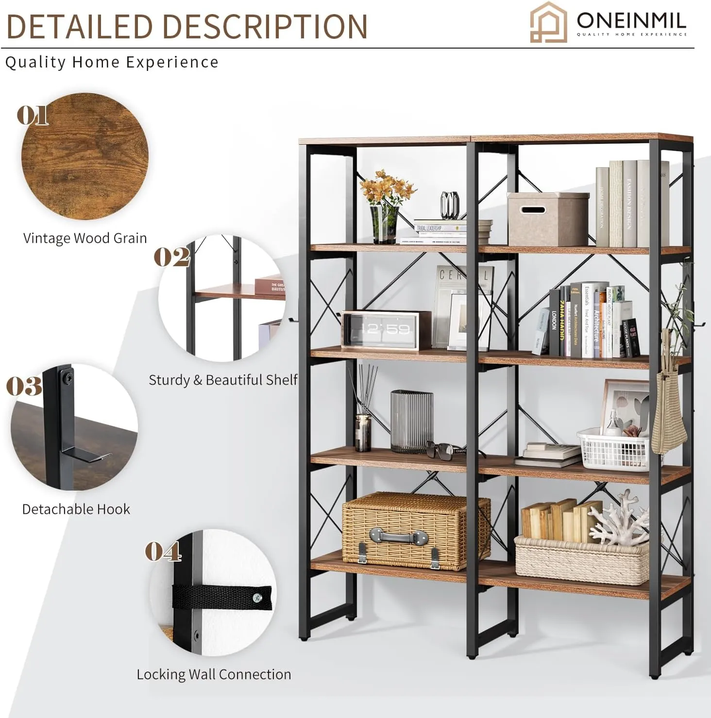 Double Wide 5/6-Tier Industrial Vintage Wood Style Bookshelf