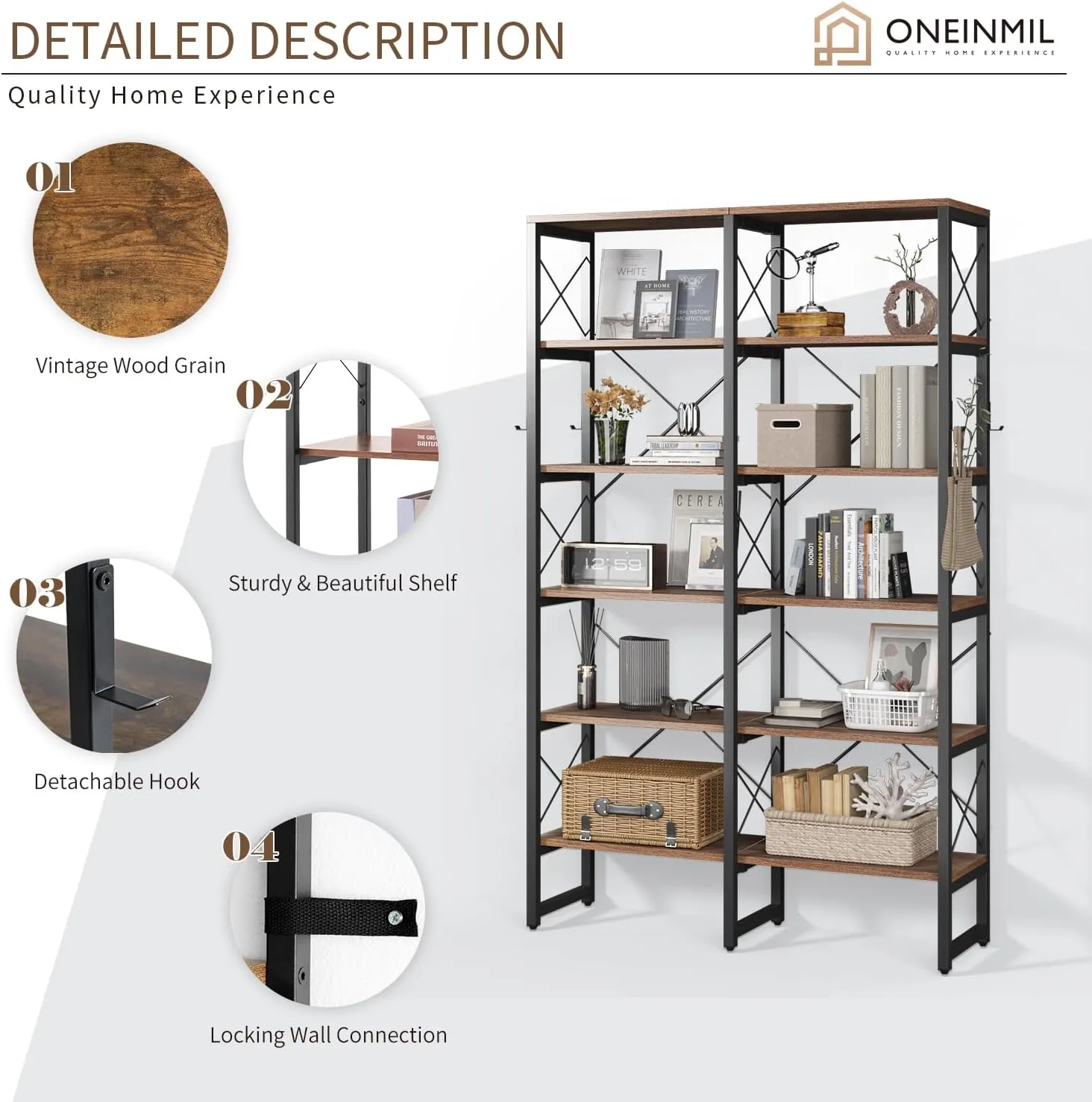 Double Wide 5/6-Tier Industrial Vintage Wood Style Bookshelf