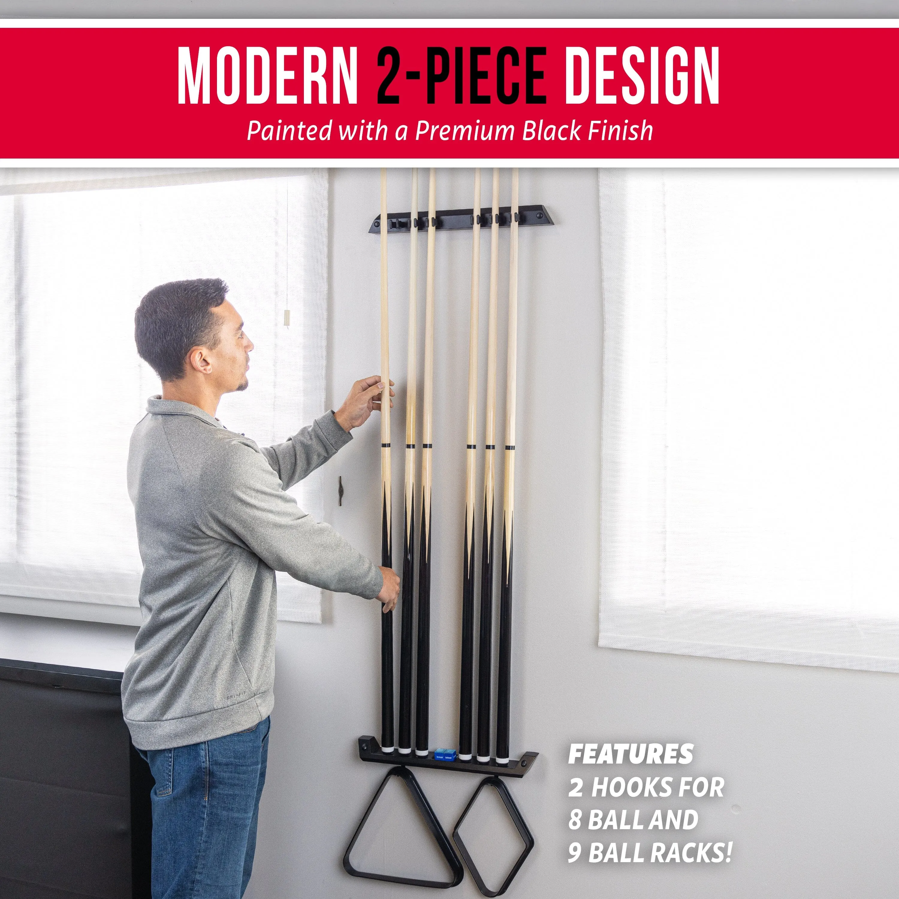 GoSports Wall Mounted Pool Cue Stick Holder - Black