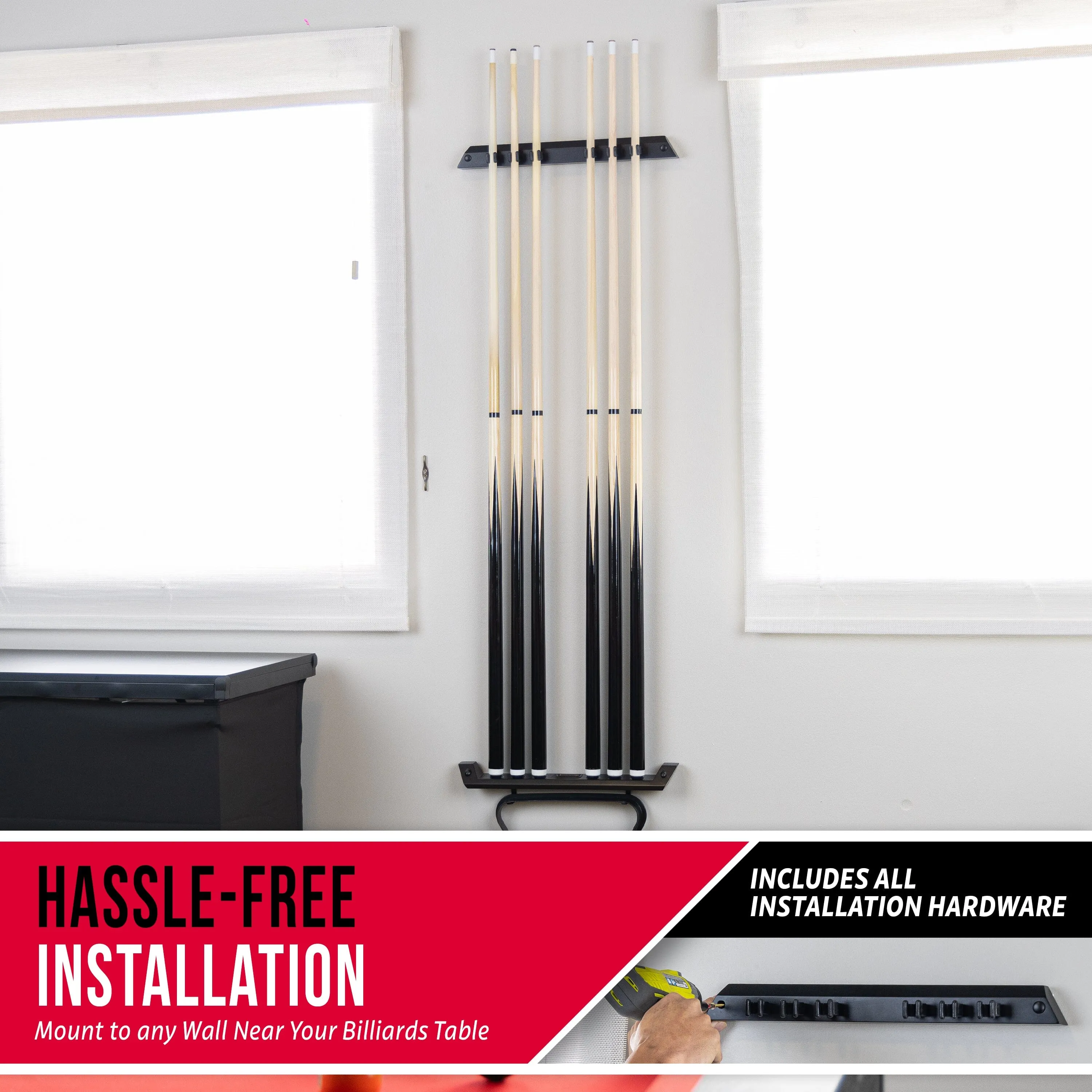 GoSports Wall Mounted Pool Cue Stick Holder - Black