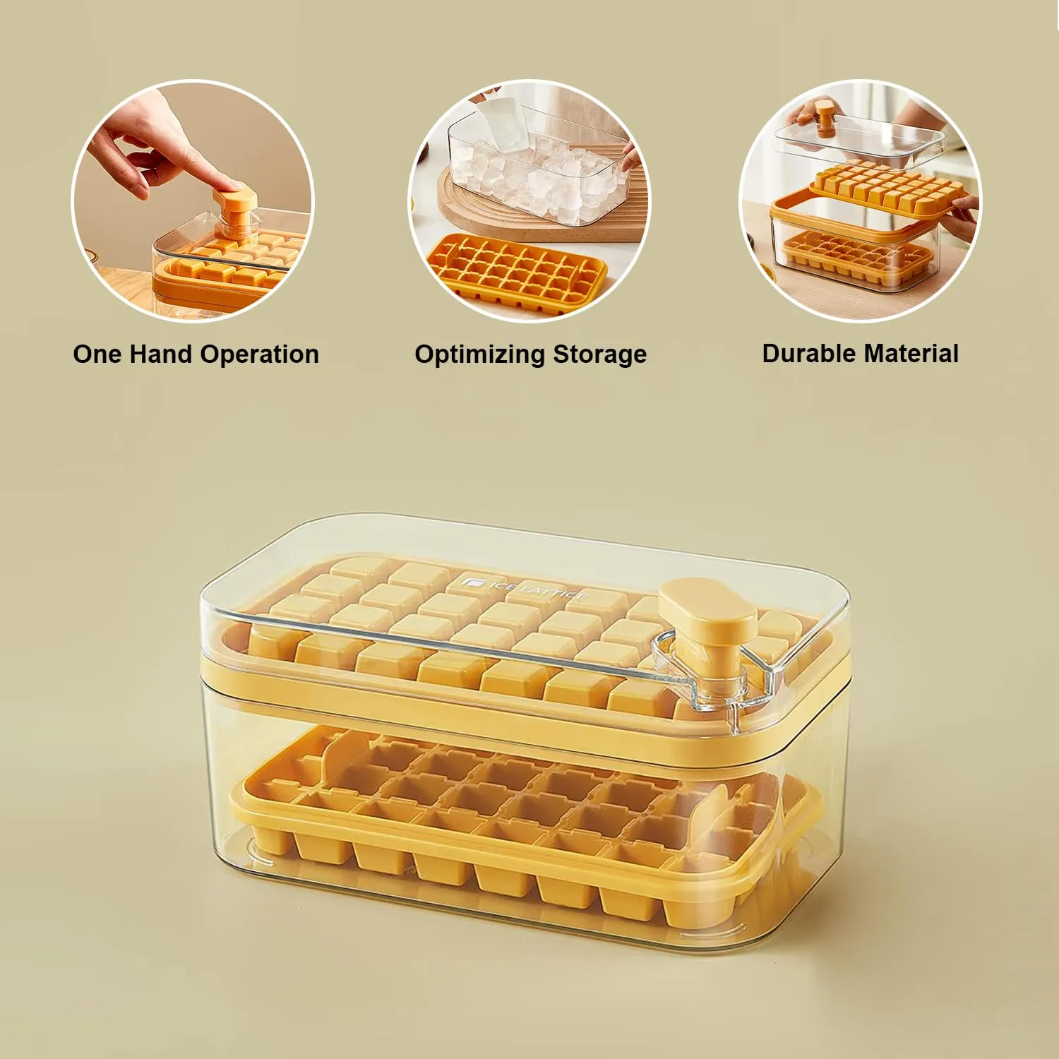 Homestic 2 Layer Ice Cube Tray with Lid | Ice Cube Storage Box with Ice Scoop | 64 Ice Cube Molds for Freezing | One-Press Demolding | BPA Free | Orange