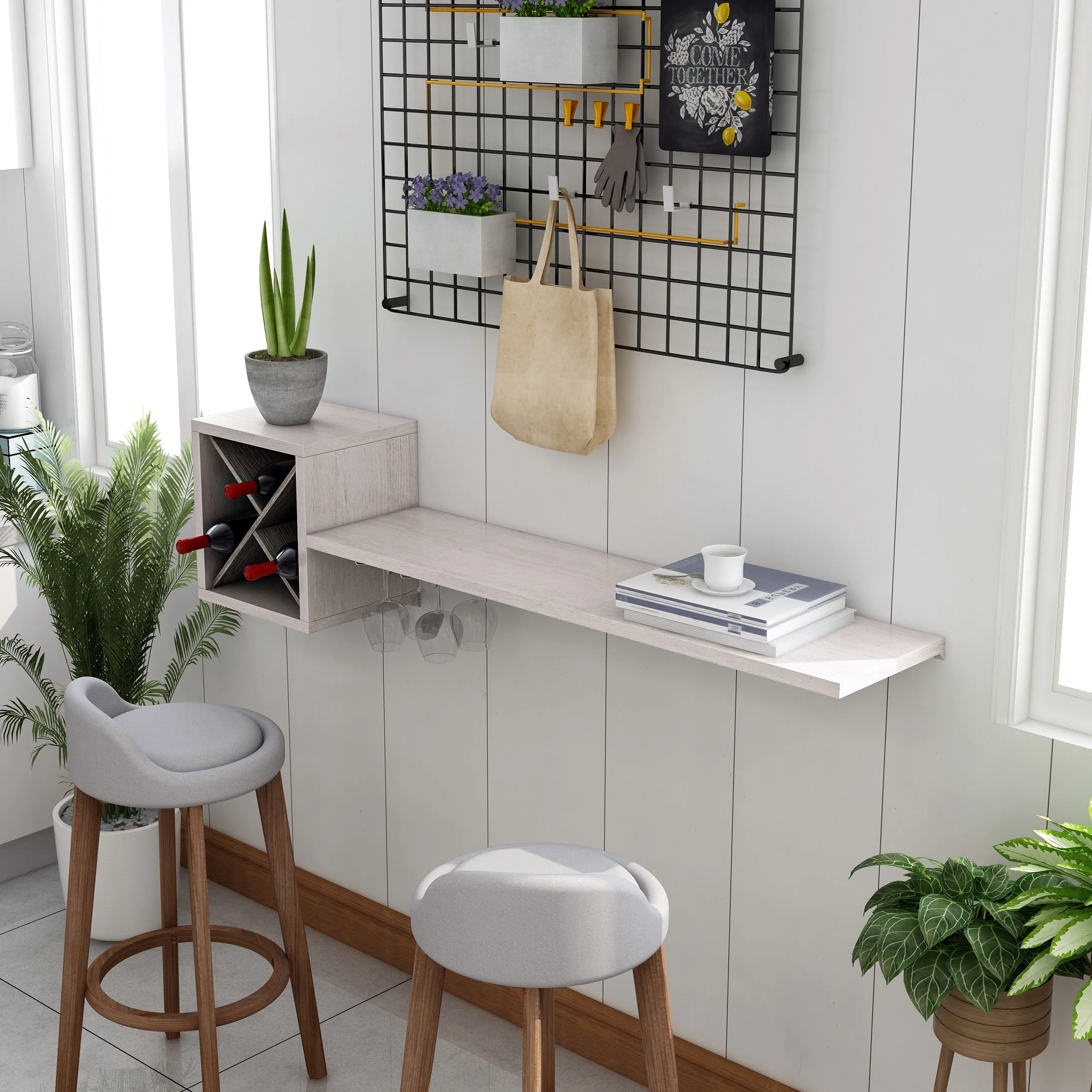 Kalish White 4-bottle Floating Home Bar with Hanging Stemware Rack