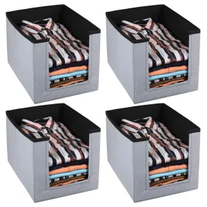 Kuber Industries Non-Woven Foldable Shirt Stacker Closet Organizer With Handles- Pack of 4 (Black & Grey)-HS43KUBMART26542