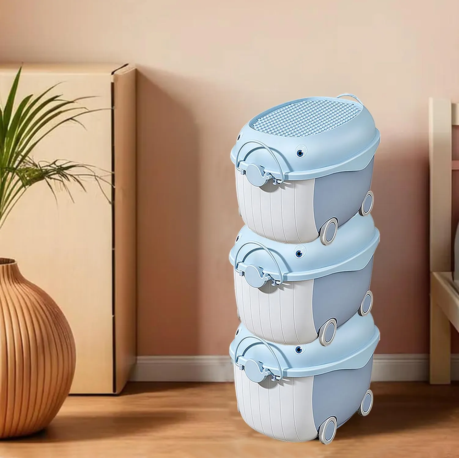 Kuber Industries Pack of 3 Children's Toy Storage Box | Dolphin Cartoon Toy Storage Box | Storage Box With Lid & Wheel | Stackable & Multipurpose Large Storage Boxe | YN6258 | Blue