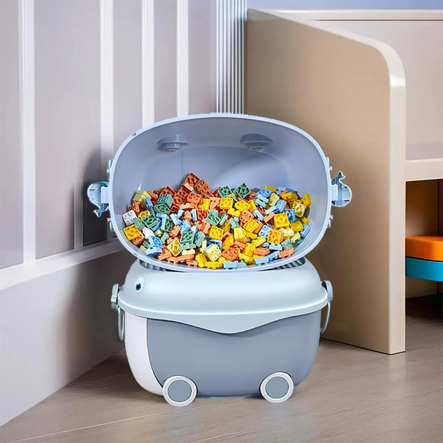 Kuber Industries Pack of 3 Children's Toy Storage Box | Dolphin Cartoon Toy Storage Box | Storage Box With Lid & Wheel | Stackable & Multipurpose Large Storage Boxe | YN6258 | Blue