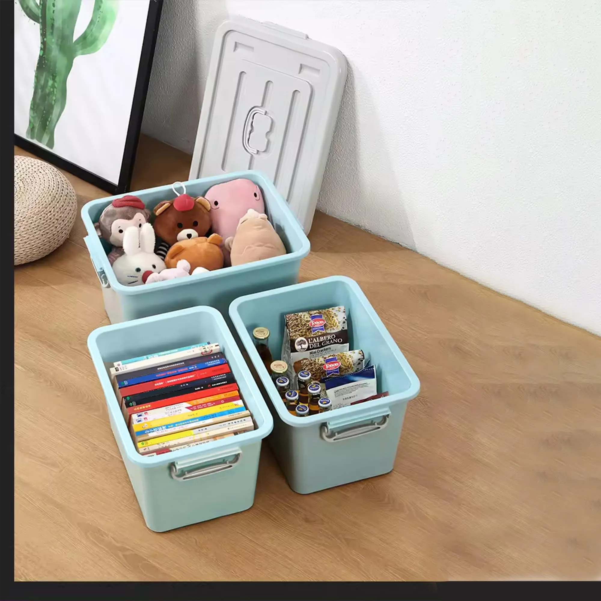 Kuber Industries Pack of 3 Rectangular Storage Box | Storage Box with Lid and Double Side Handles | Stackable Storage Box with Wheel | YN6258 | Blue
