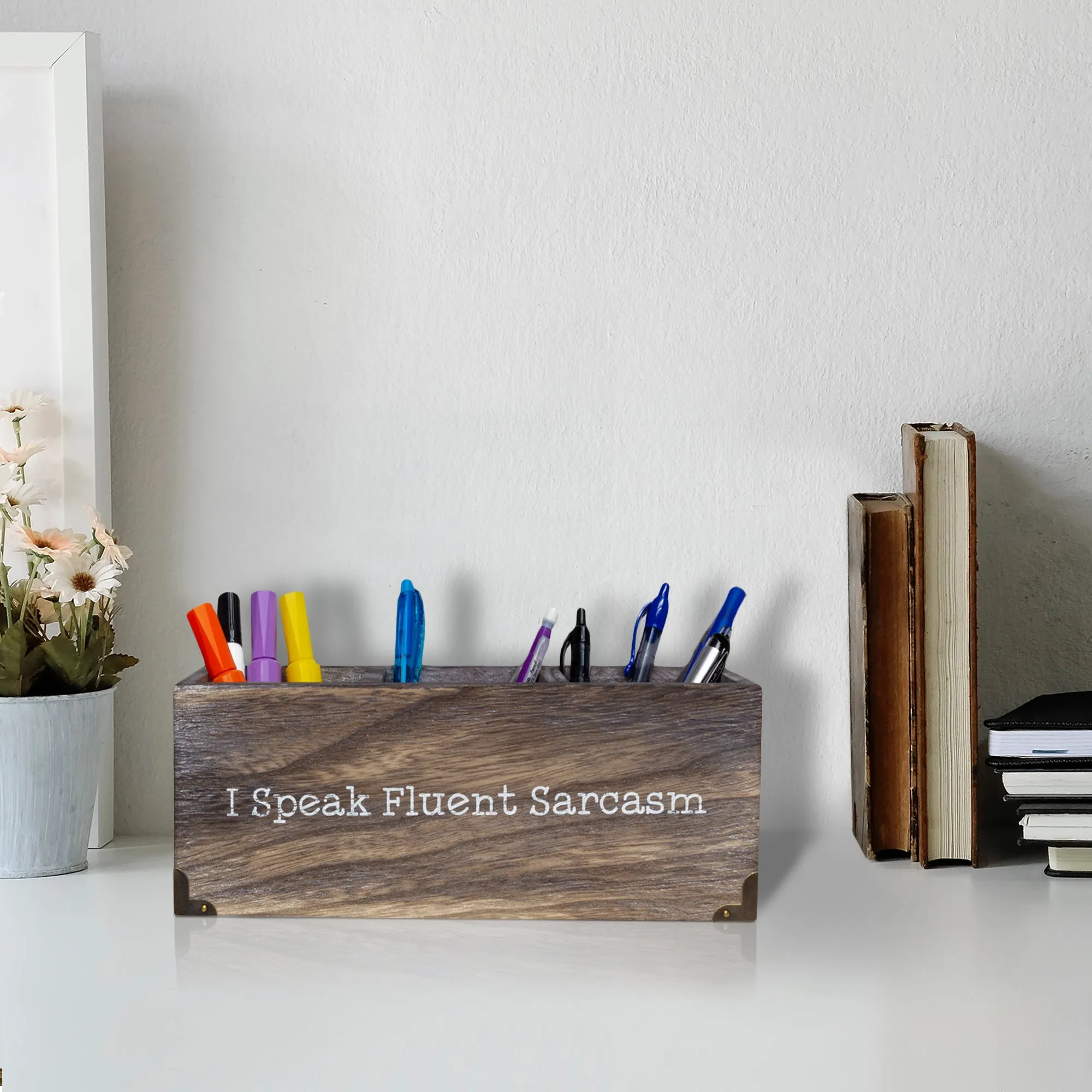 Novelty Wood Desk Organizer  for Pens & Office Supplies - I Speak Fluent Sarcasm
