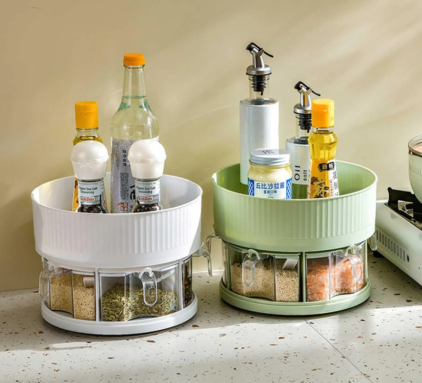 Urbane Home Spice Box | 360° Rotating Kitchen Spice Organizer | 2-Tier Seasoning Spice Jars | Masala Dani for Countertop | Kitchen Slabs Organizer | Kitchen Containers | B836-SMJ-2 | White